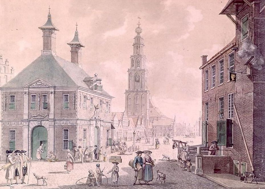 De Grote Markt en de Martinitoren in de achttiende eeuw, met aan de voet van de toren de woning van de torenwachter. Tekening: J. Bulthuis, 1782. Bron: RHC GA, Groninger Archieven.